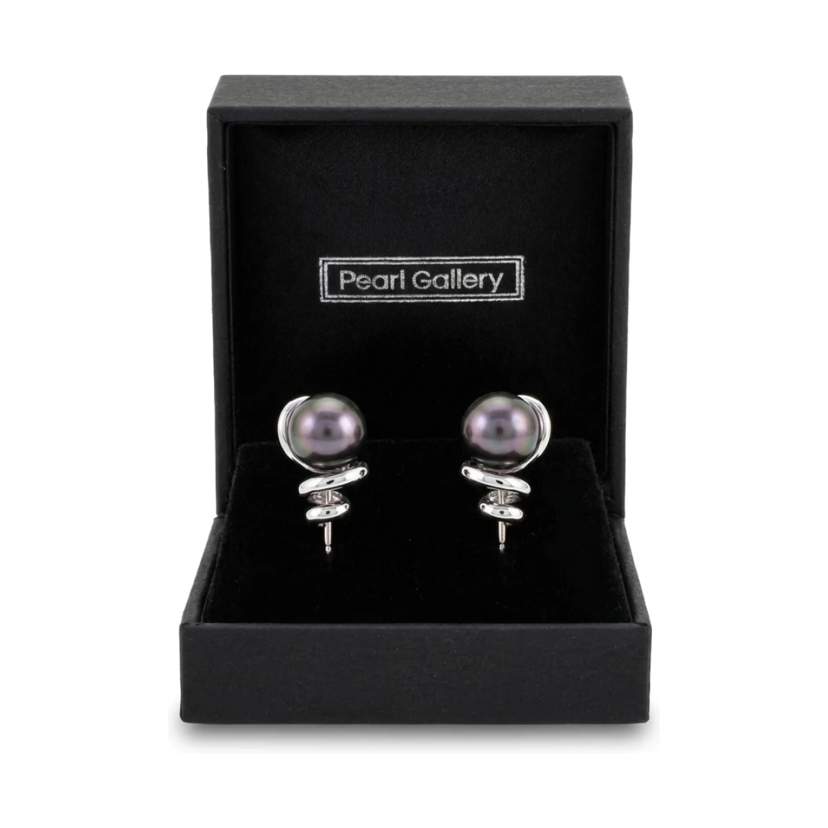 Black Akoya Pearl Spring-Like Design Stud Earrings  |  14ct White Gold