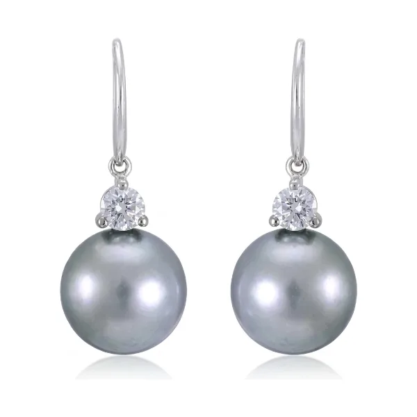 Tahitian Pearl & Diamond 3 Claw Hook Wire Earrings  |  18ct White Gold