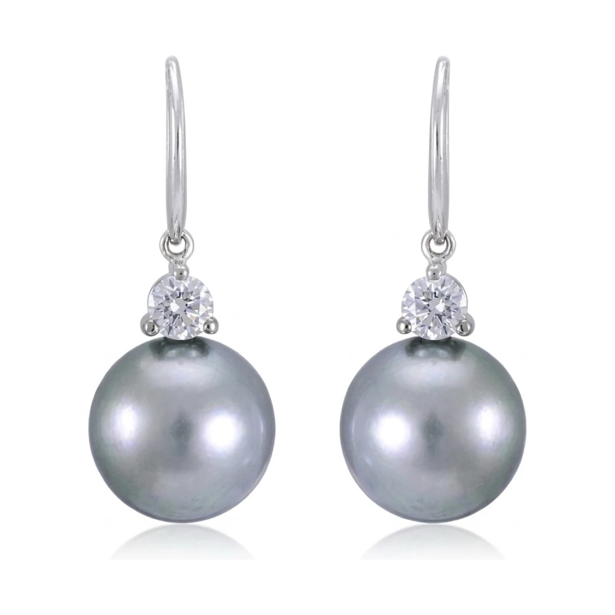 Tahitian Pearl & Diamond 3 Claw Hook Wire Earrings  |  18ct White Gold
