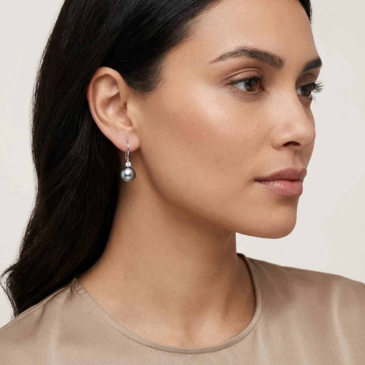 Tahitian Pearl & Diamond 3 Claw Hook Wire Earrings  |  18ct White Gold