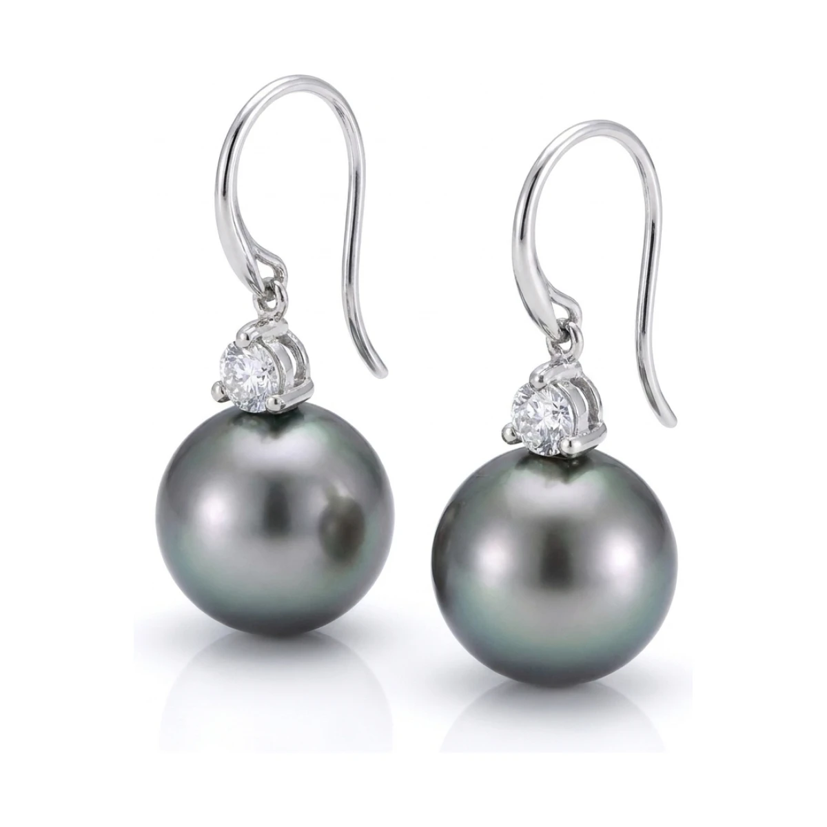 Tahitian Pearl & Diamond 3 Claw Hook Wire Earrings  |  18ct White Gold