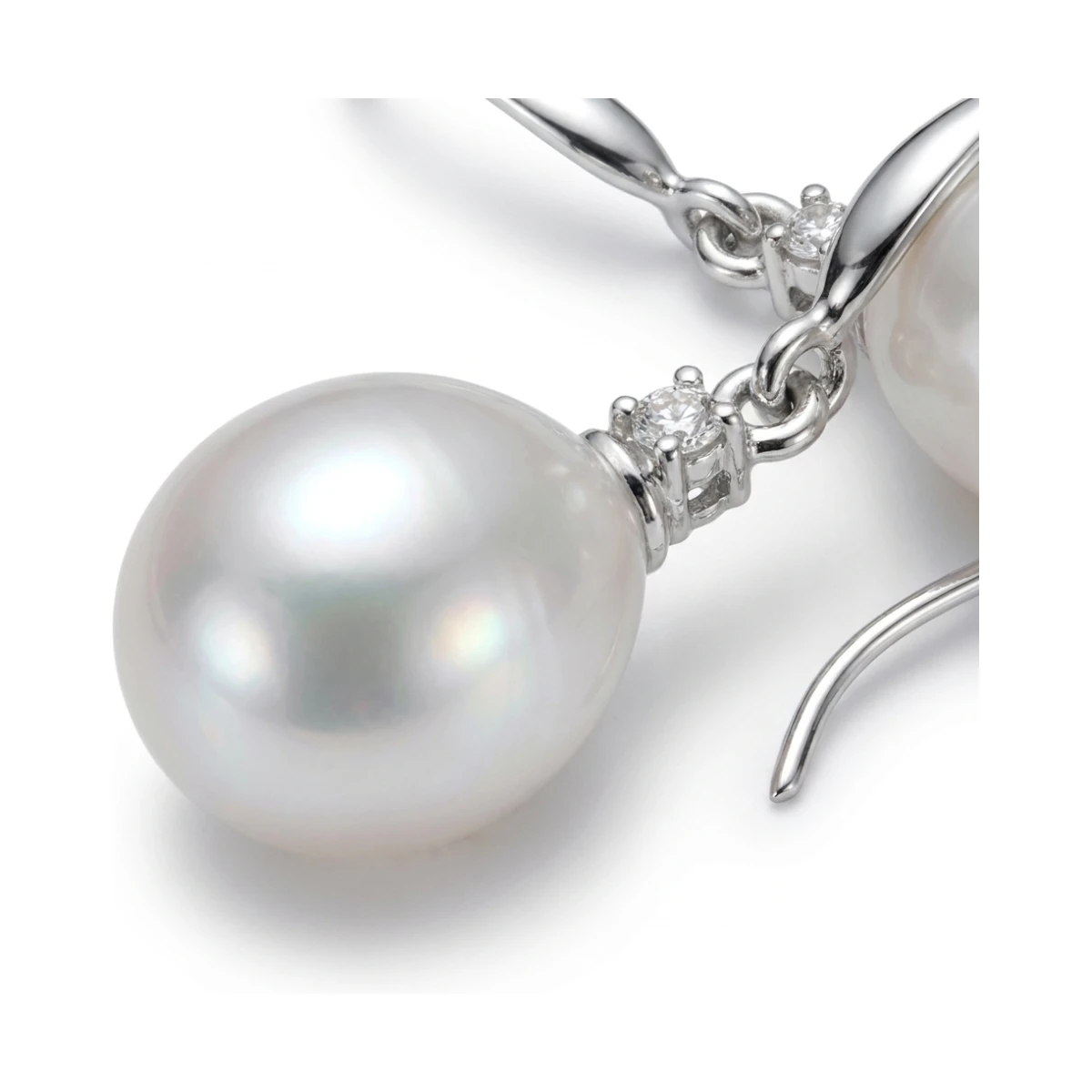 Freshwater Pearl Four Claw Diamond Hook Earrings  |  18ct White Gold 