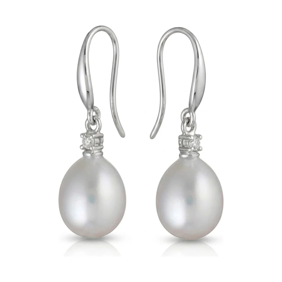 Freshwater Pearl Four Claw Diamond Hook Earrings  |  18ct White Gold 