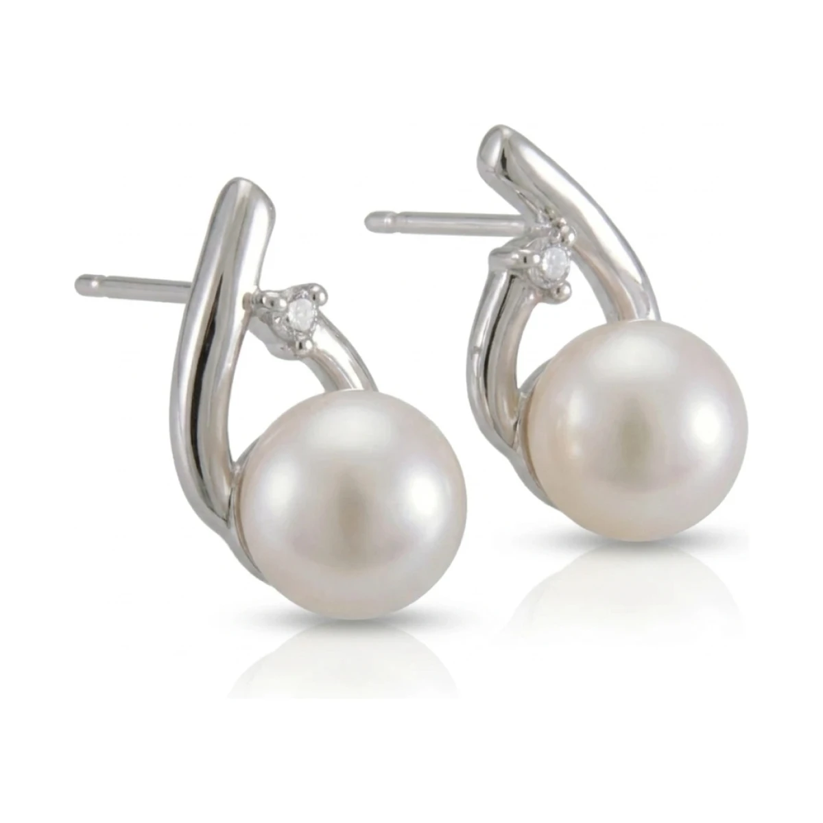 Freshwater Pearl & Claw Set Diamond Crossover Stud Earrings  |  9ct White Gold