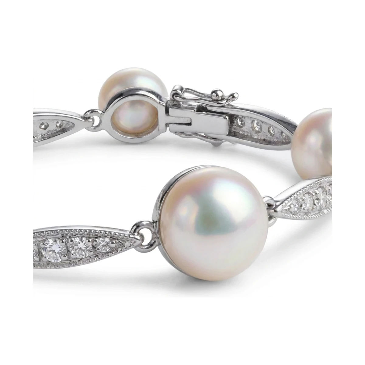 Vintage Style Freshwater Button Pearl & Diamond Bracelet  |  9ct White Gold