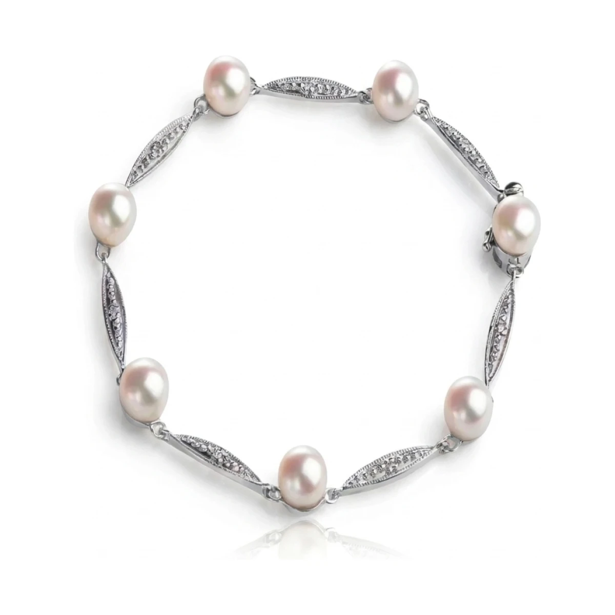 Vintage Style Freshwater Button Pearl & Diamond Bracelet  |  9ct White Gold