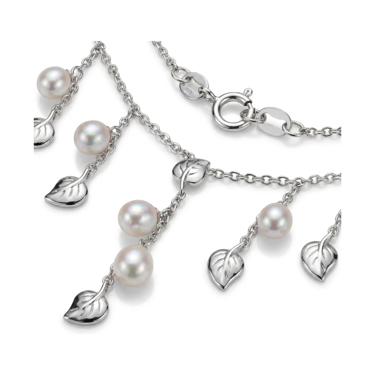 Rain Drop & Leaf Motif Freshwater Cultured Pearl Necklace  |  14ct White Gold