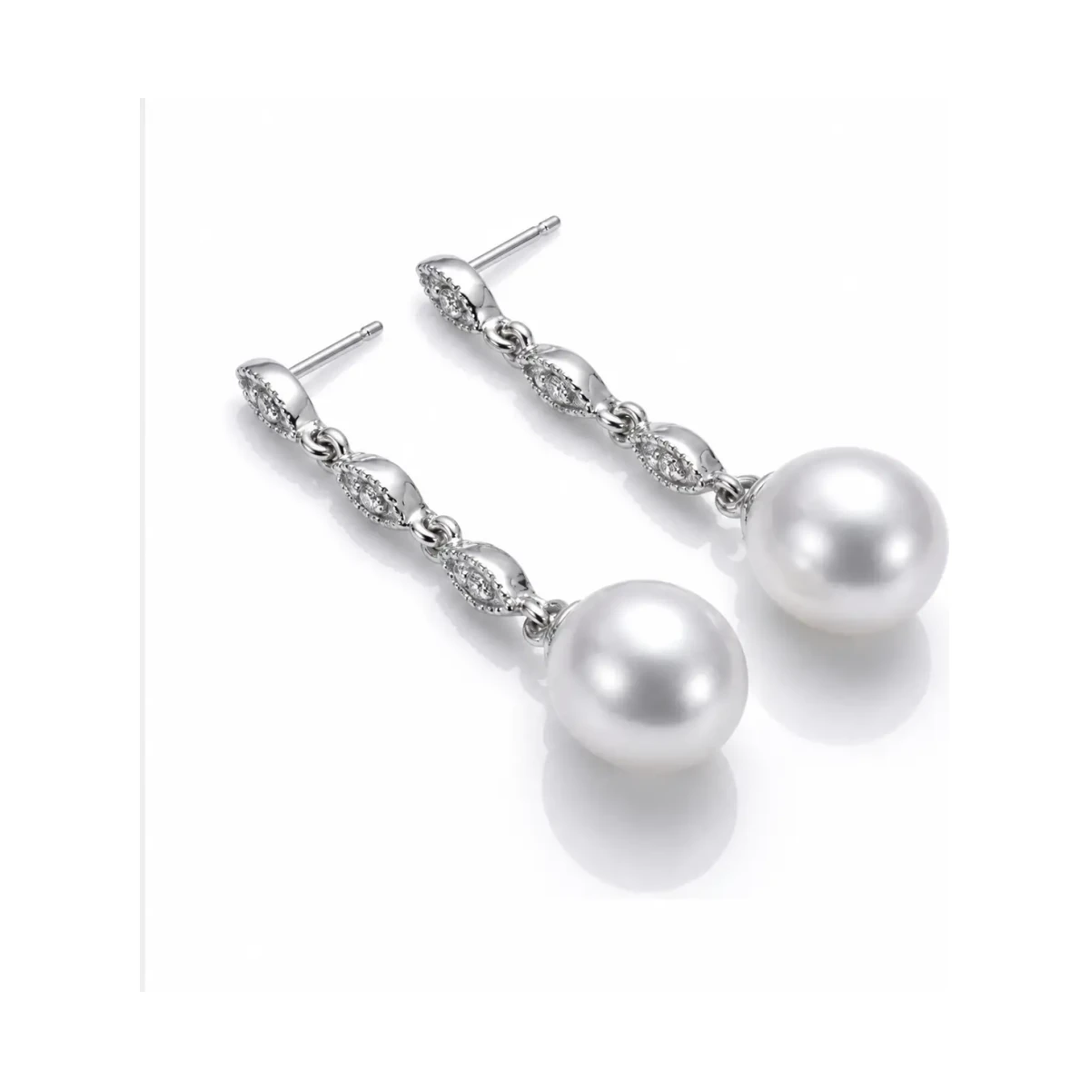 Freshwater Pearl & Diamond Navette Drop Earrings  |  9ct White Gold