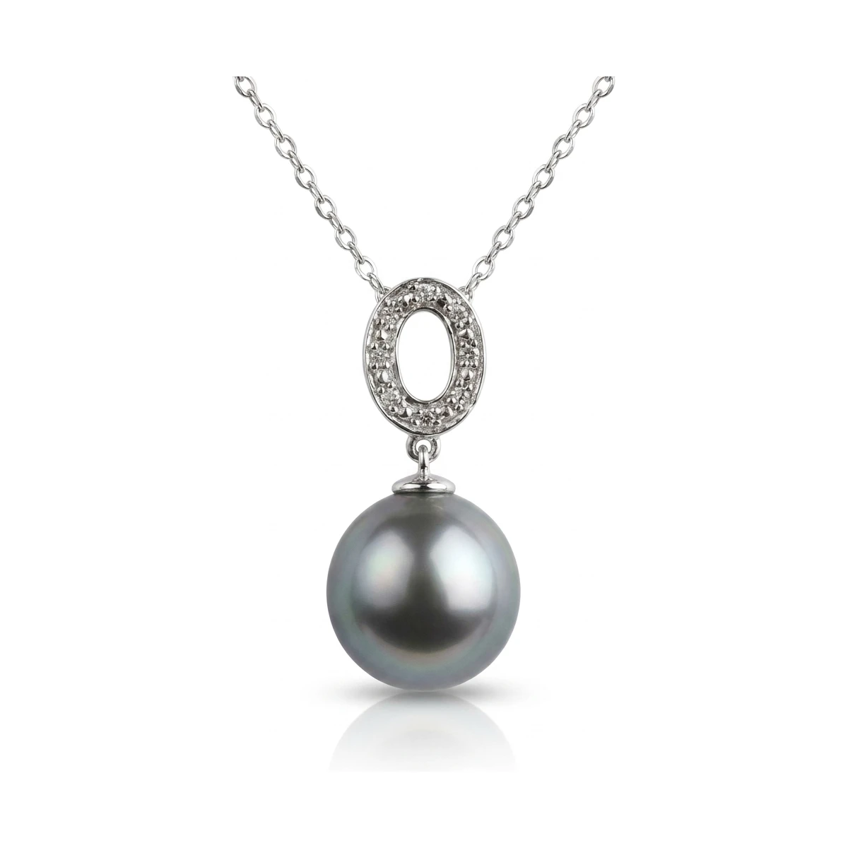 Tahitian Pearl & Diamond Oval Pendant and Chain  |  Silver 