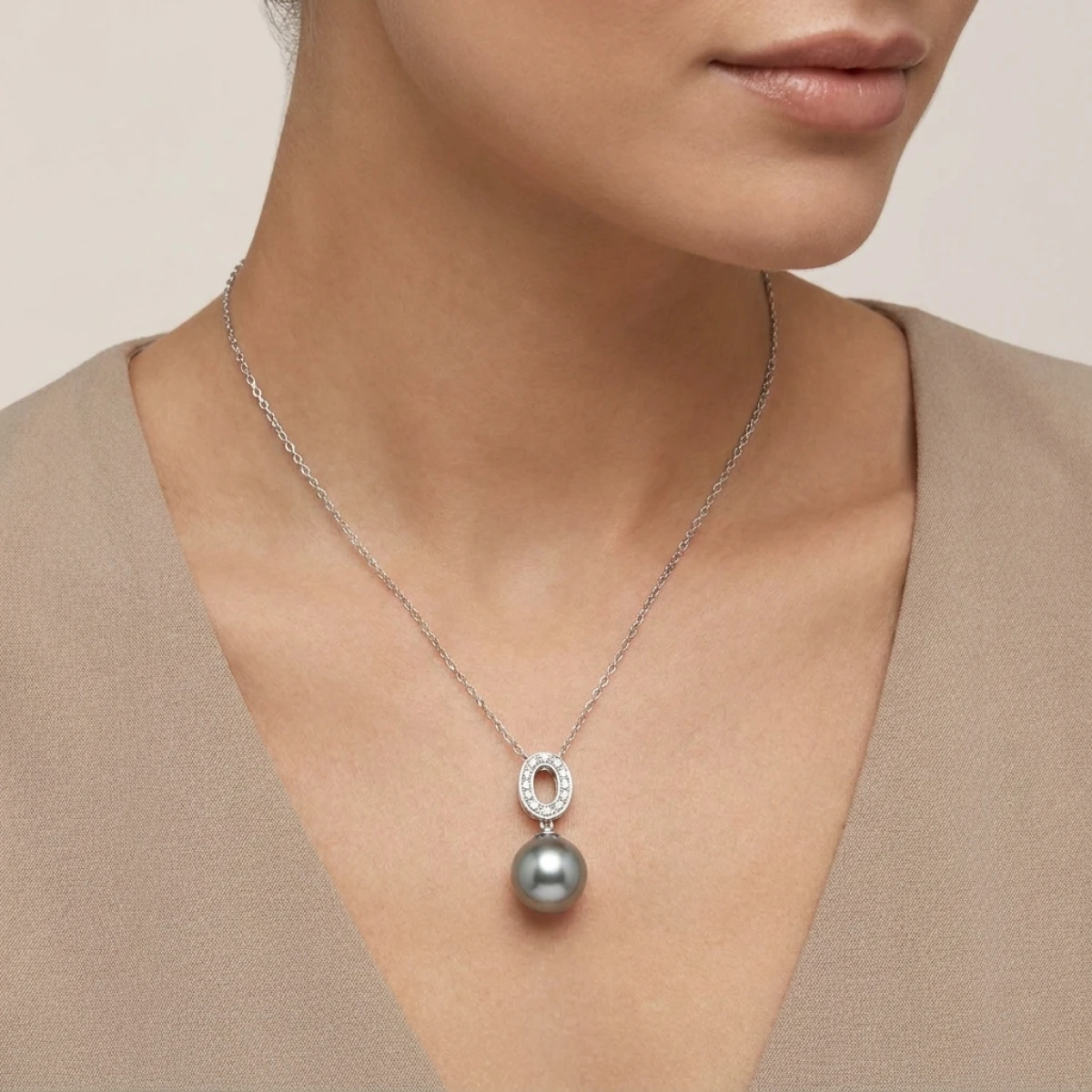 Tahitian Pearl & Diamond Oval Pendant and Chain  |  Silver 
