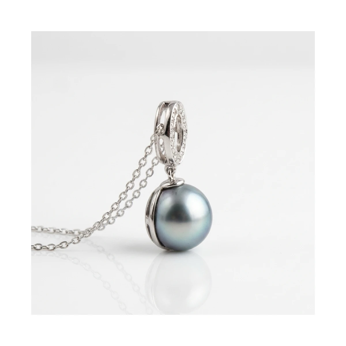 Tahitian Pearl & Diamond Oval Pendant and Chain  |  Silver 