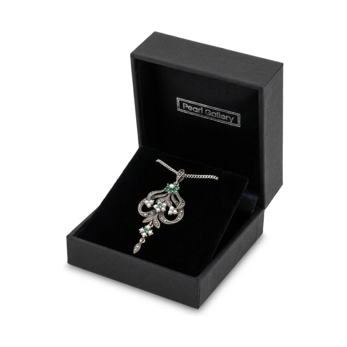 Antique Style Marcasite, Emerald and Seed Pearl Pendant and Chain  |  Silver