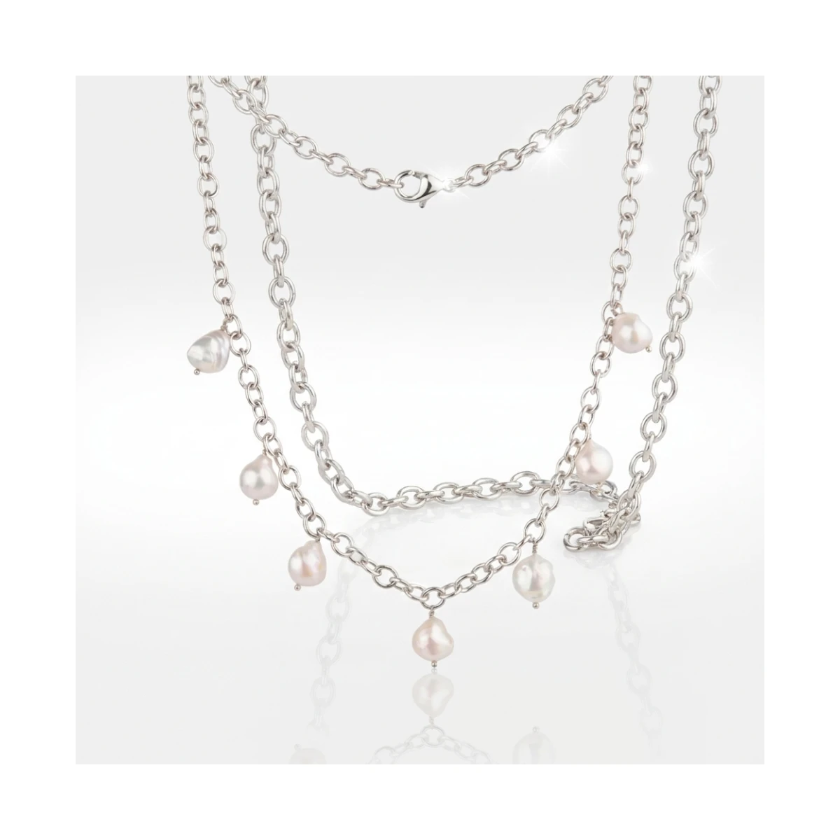 Heavy Chain Baroque Freshwater Pearl Necklace  |  Silver