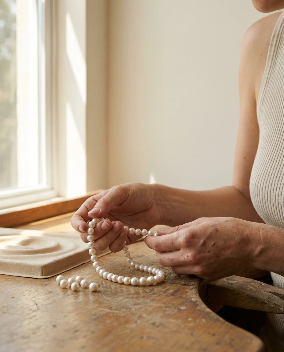 A jeweller's hands matching an Akoya strand at the workbench
