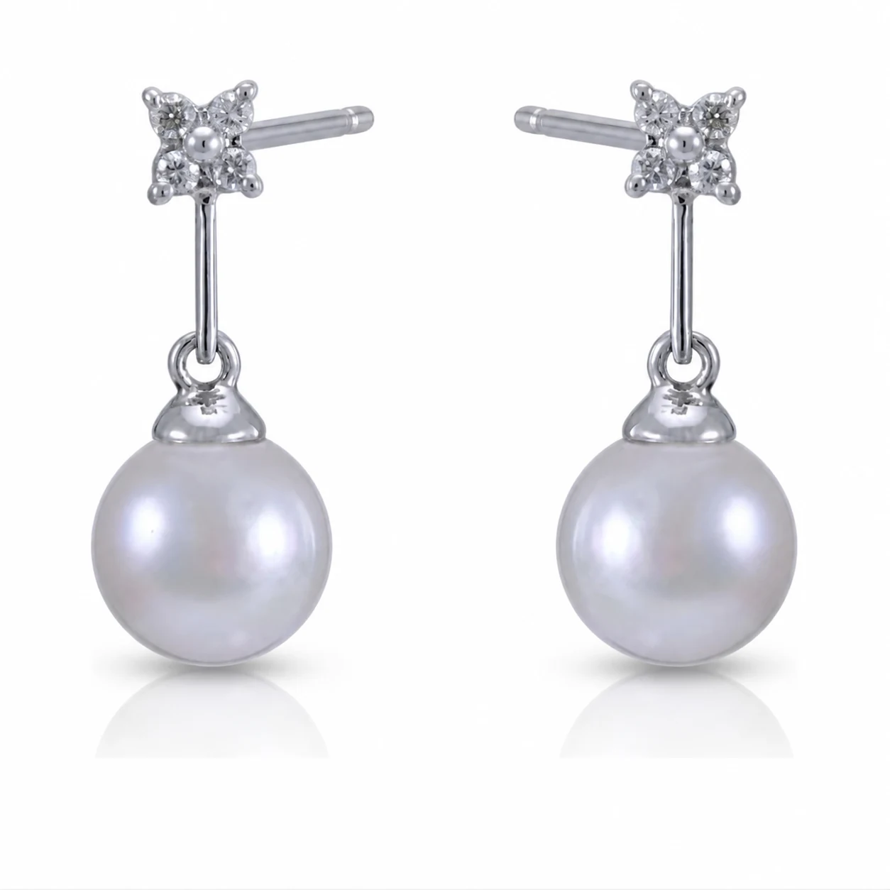Akoya Pearl & Diamond 4 Stone Diamond Drop Earrings  |  18ct White Gold