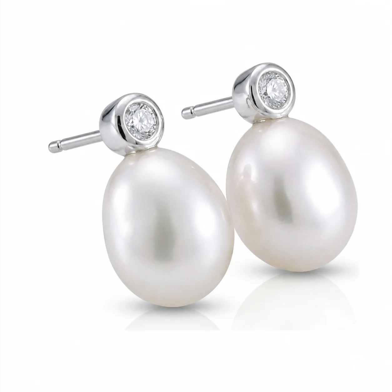 Freshwater Semi-baroque Pearl & Diamond Stud Earrings  |  9ct White Gold