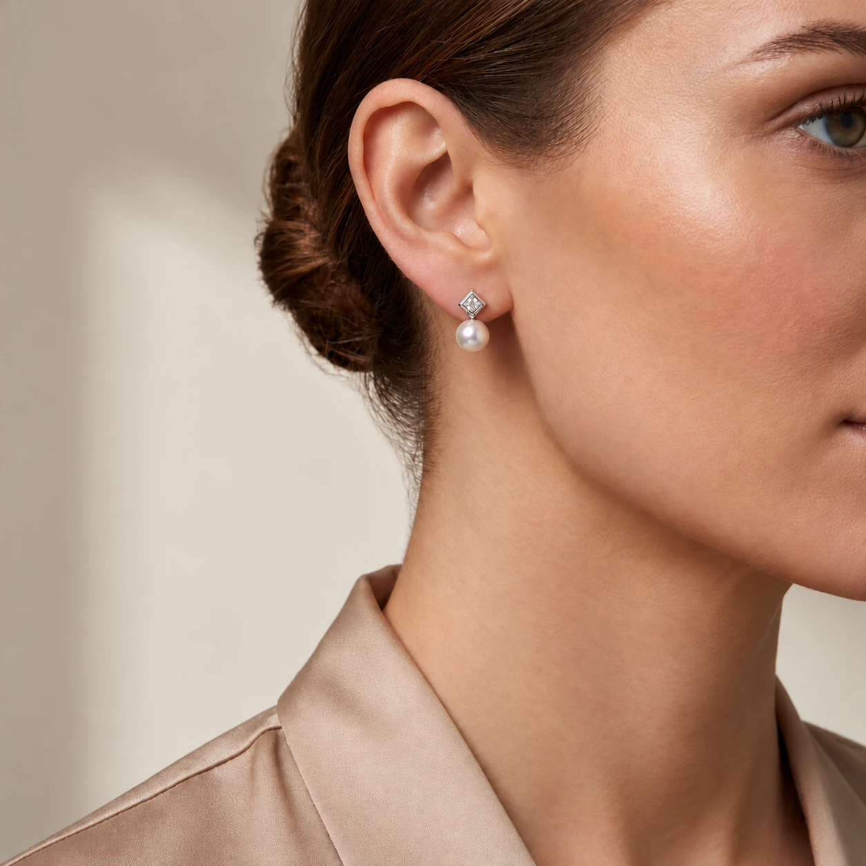 Akoya Pearl & Diamond Square On Point Grain Set Earrings  |  18ct White Gold