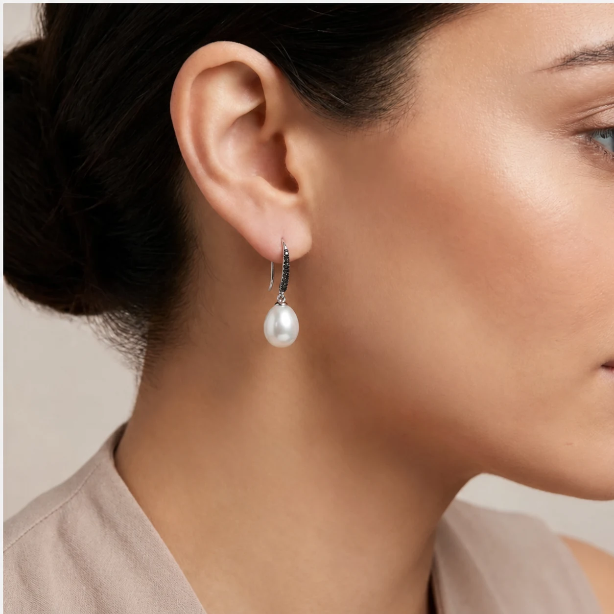 Freshwater Pearl & Black Diamond Hook Drop Earrings  |  18ct White Gold