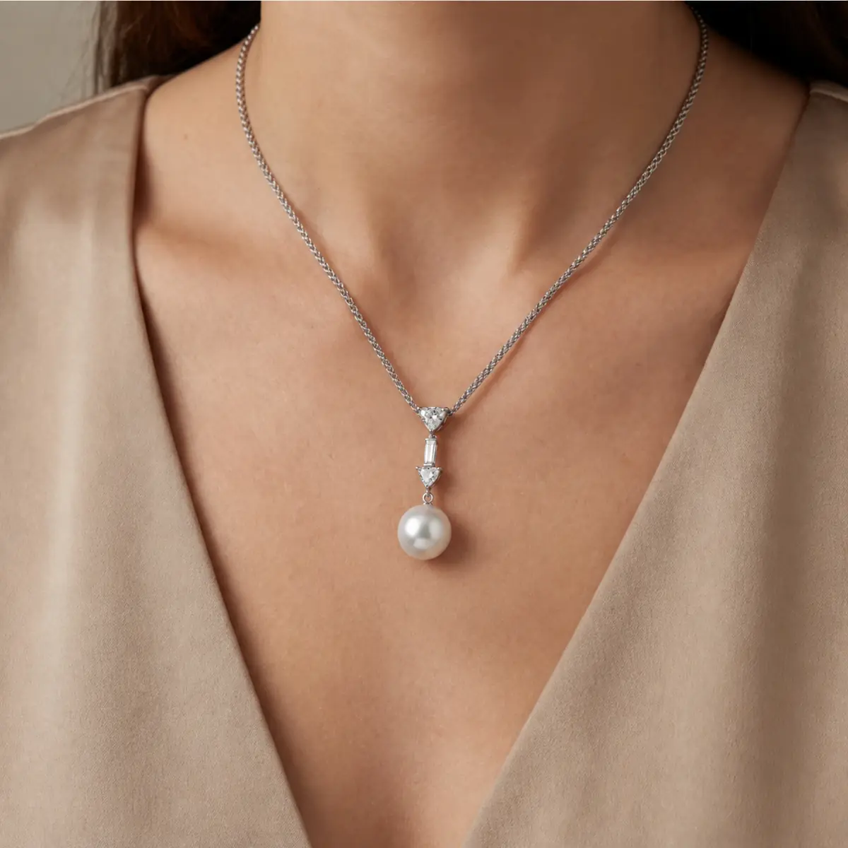 South Sea Pearl & Fancy Cut Diamond Pendant  |  18ct White Gold