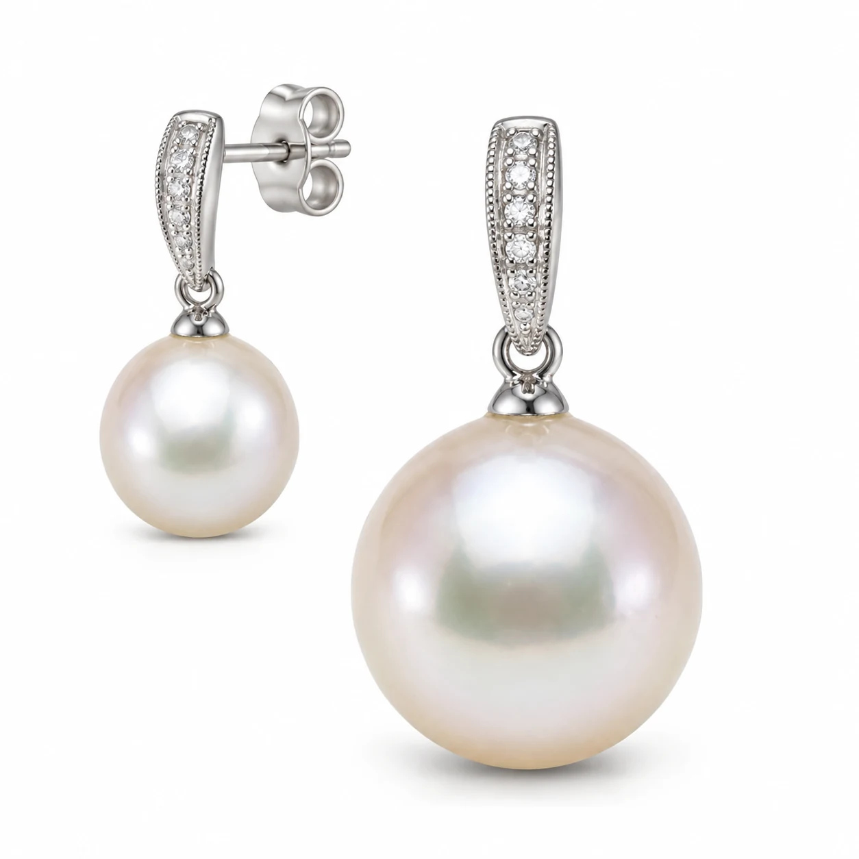 Dainty Vintage Style Freshwater Pearl & Diamond Earrings  |  18ct White Gold