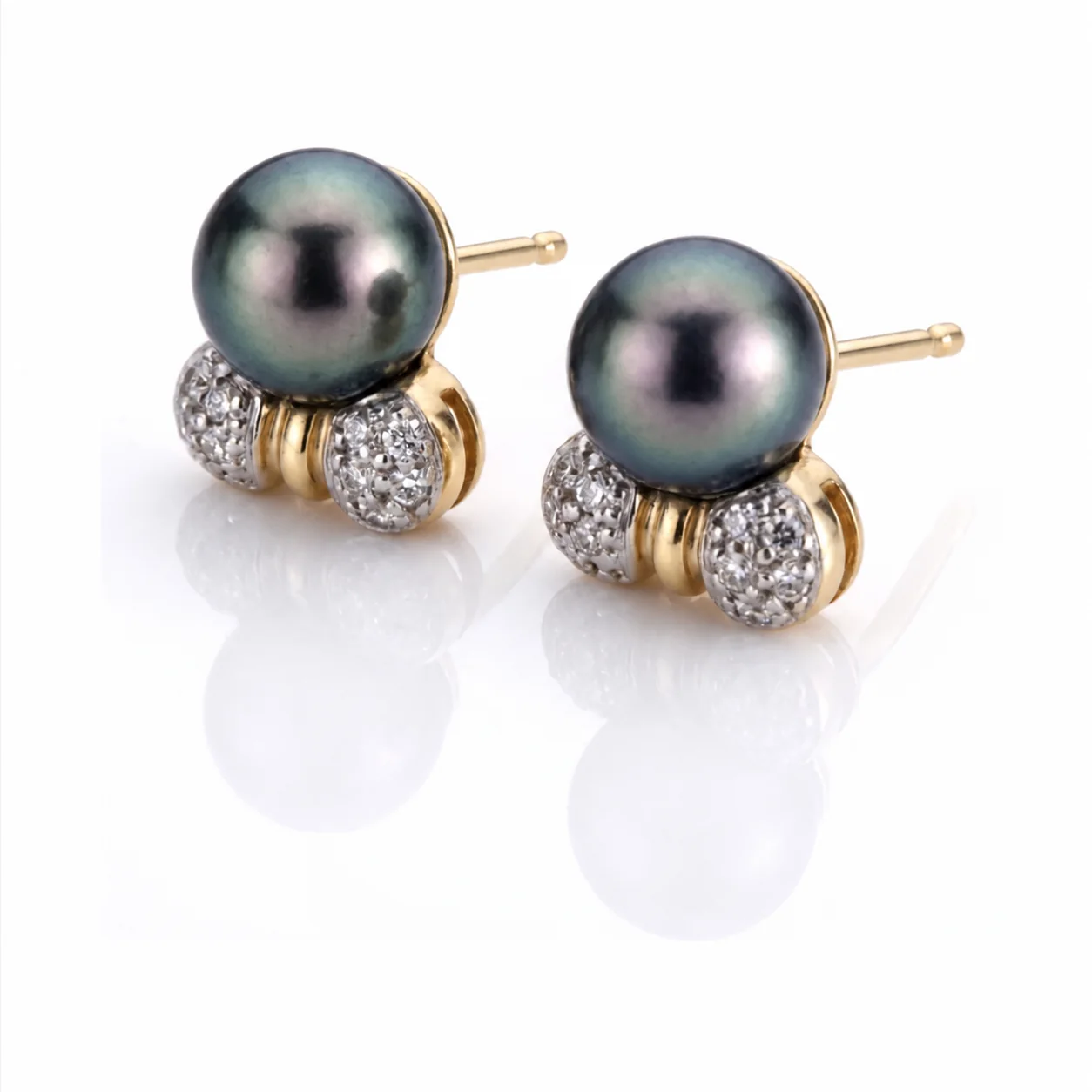 Black Akoya Pearl & Diamond Stud Earings  |  9ct Yellow Gold