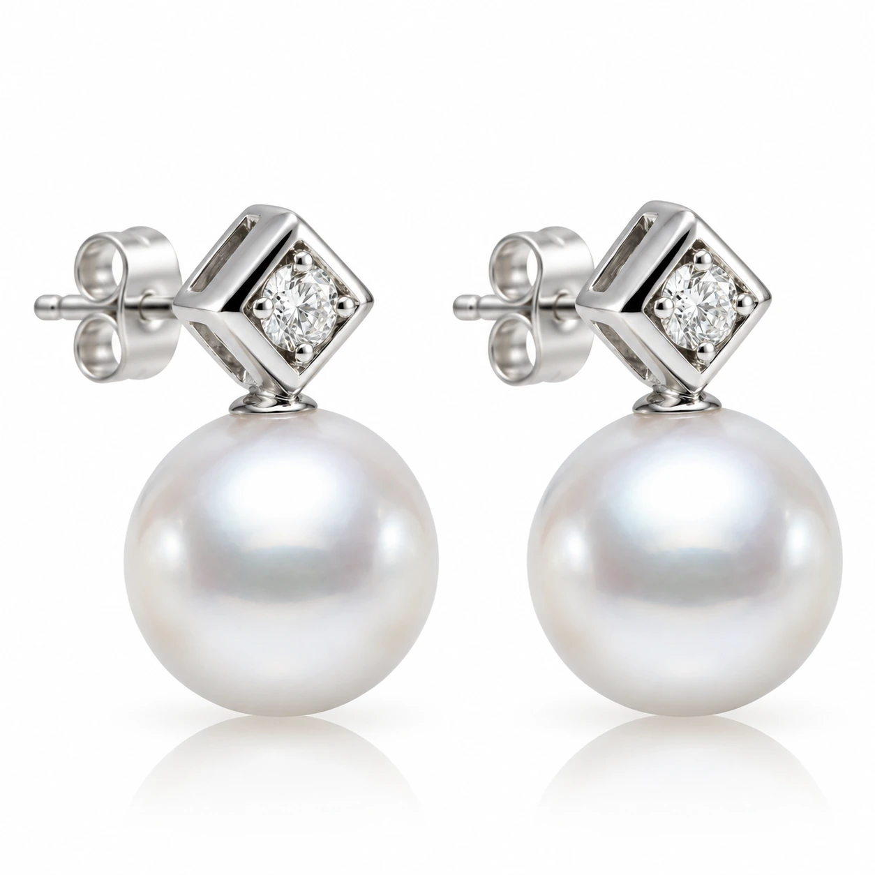 Akoya Pearl & Diamond Square On Point Grain Set Earrings  |  18ct White Gold