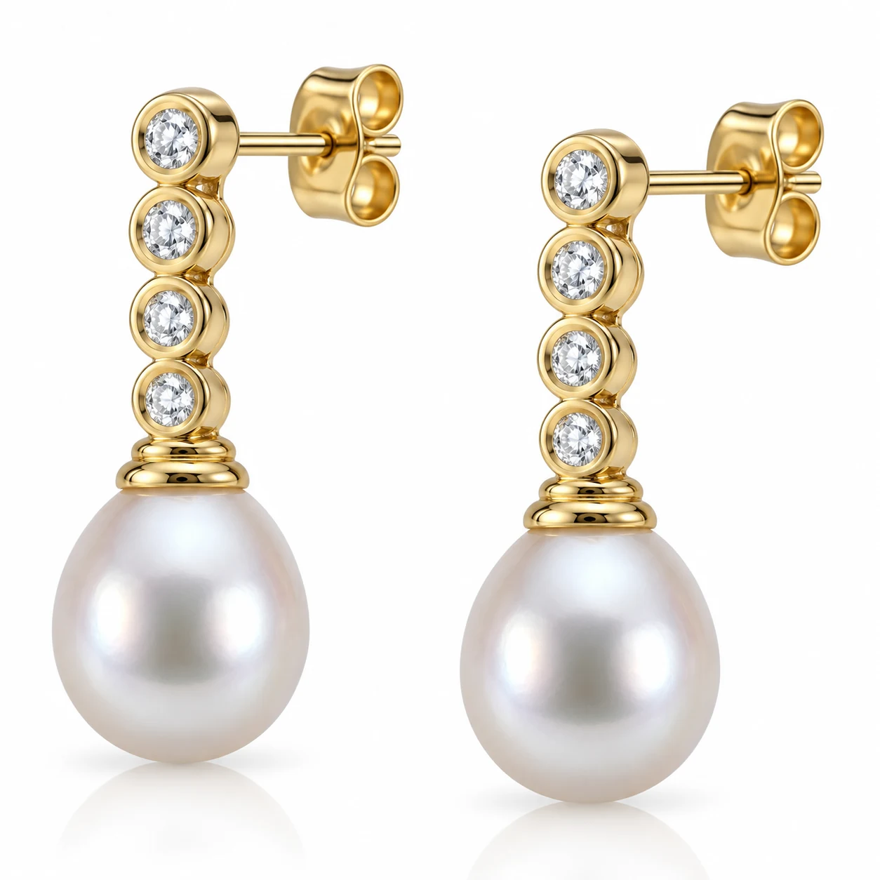 Freshwater Pearl & Diamond Drop Earrings  |  14ct Yellow Gold