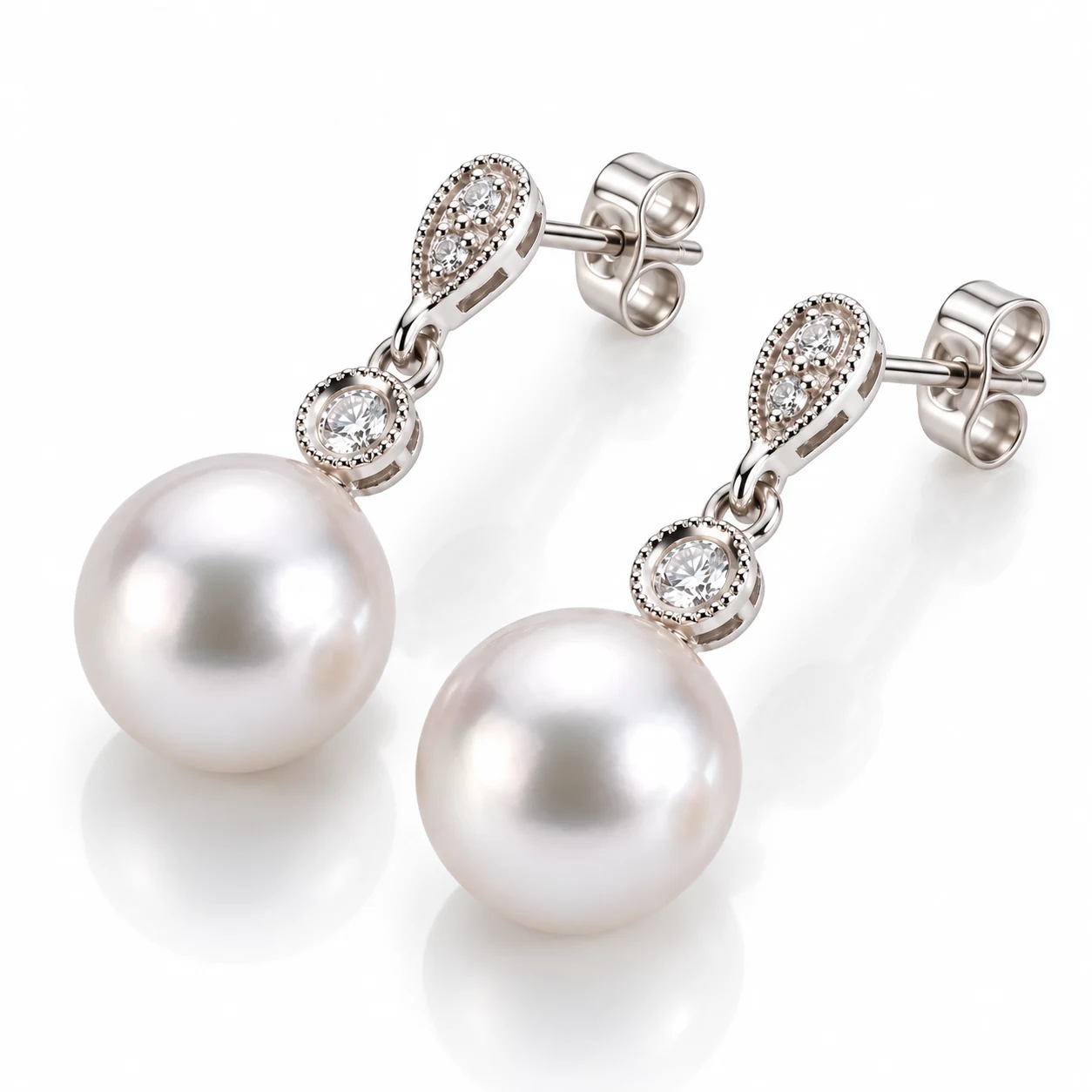 Akoya Pearl & Diamond Milgrain Drop Earrings  | 18ct white Gold 