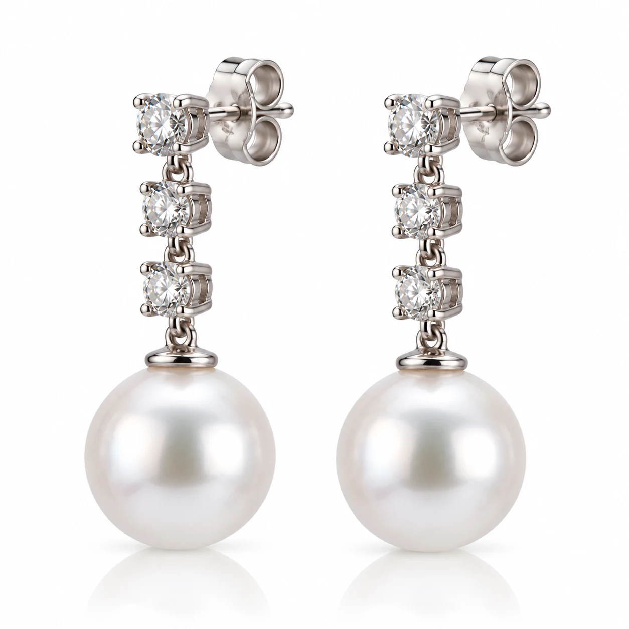 Akoya Pearl & Triple Diamond Drop Earrings  | 18ct White Gold 