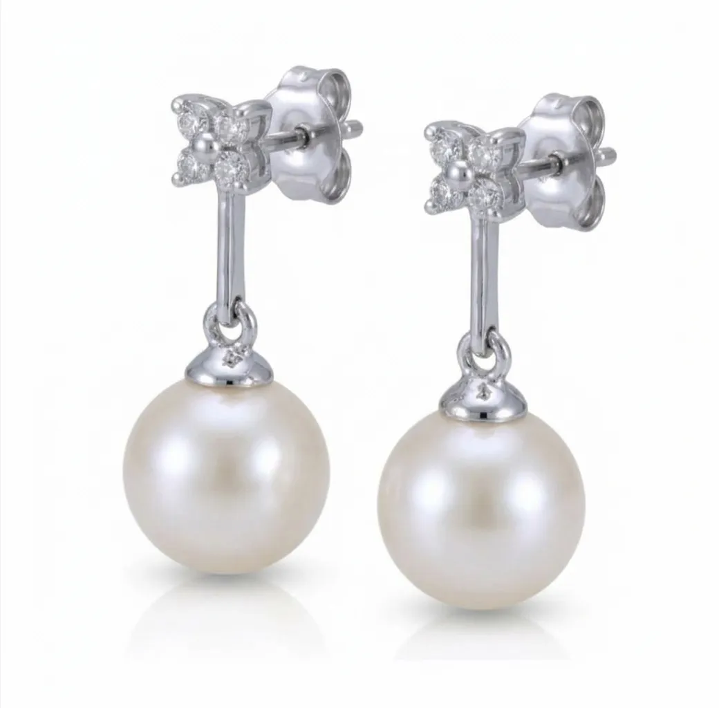 Akoya Pearl & Diamond 4 Stone Diamond Drop Earrings  |  18ct White Gold