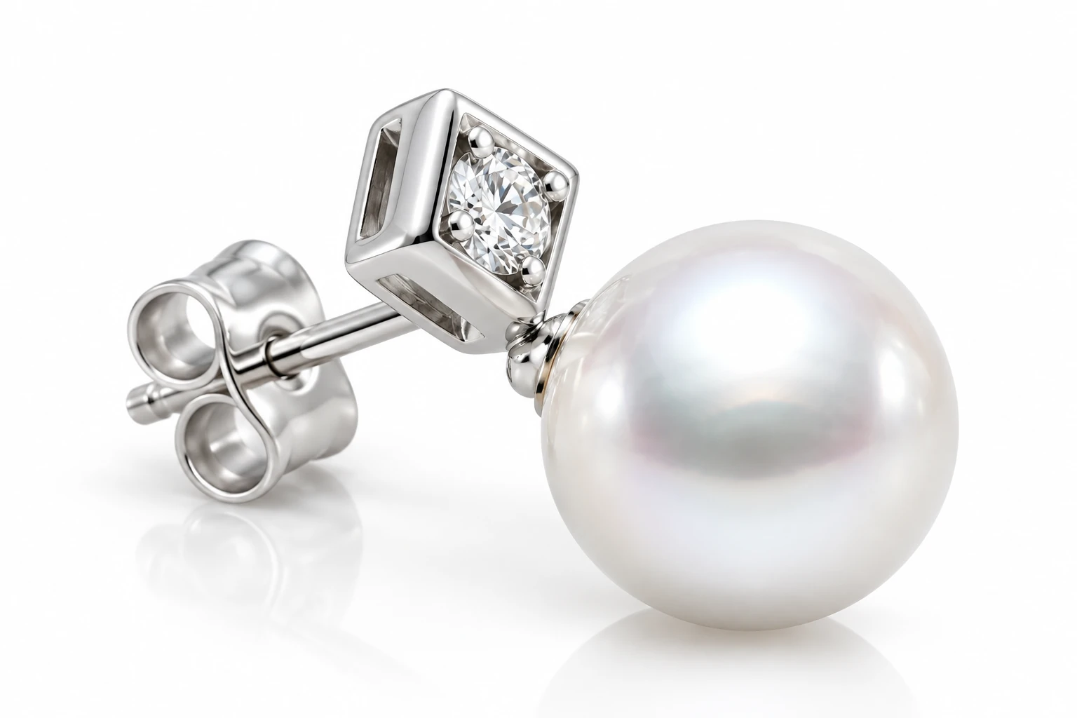 Akoya Pearl & Diamond Square On Point Grain Set Earrings  |  18ct White Gold