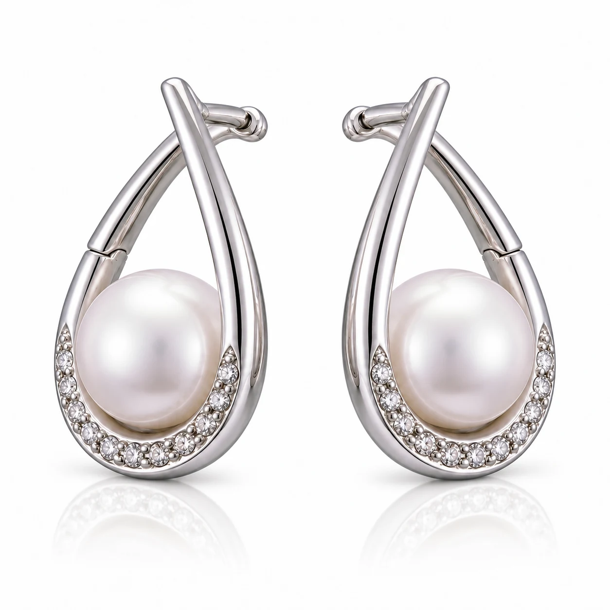 Freshwater Pearl & Diamond 'Sling' Design Earrings  |  14ct White Gold