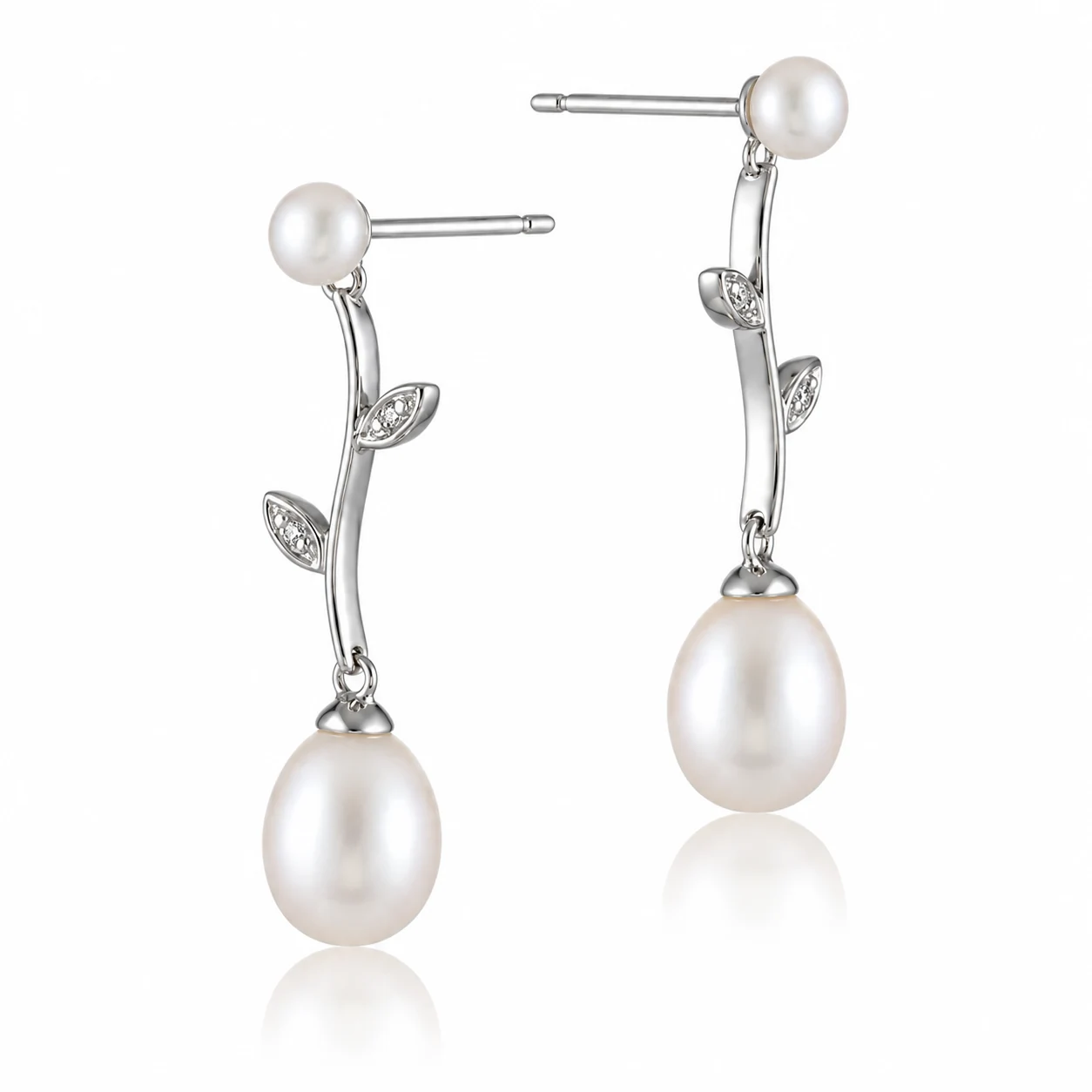 Freshwater Pearl Foliate Drop Earrings  |  9ct Gold