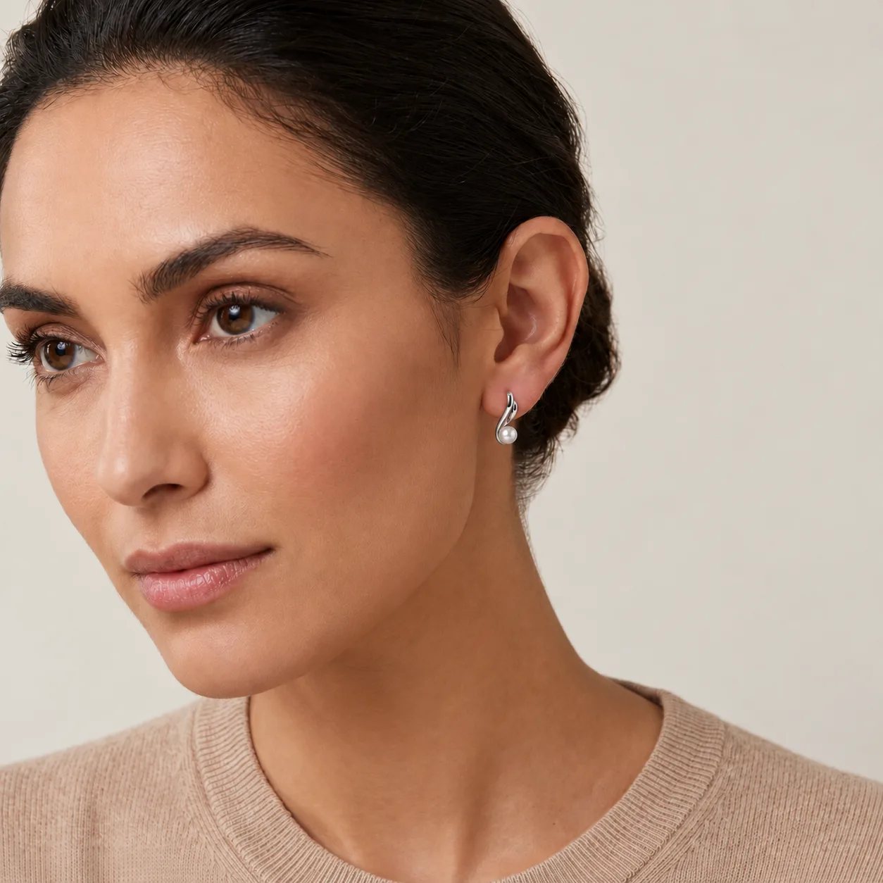 Freshwater Pearl Contemporary Scroll Design Earrings  |  9ct White Gold