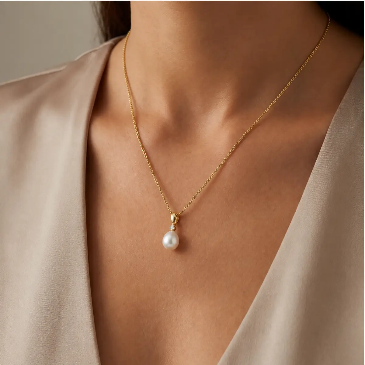 Freshwater Pearl & Diamond Drop Simple Pendant | 9ct Yellow Gold