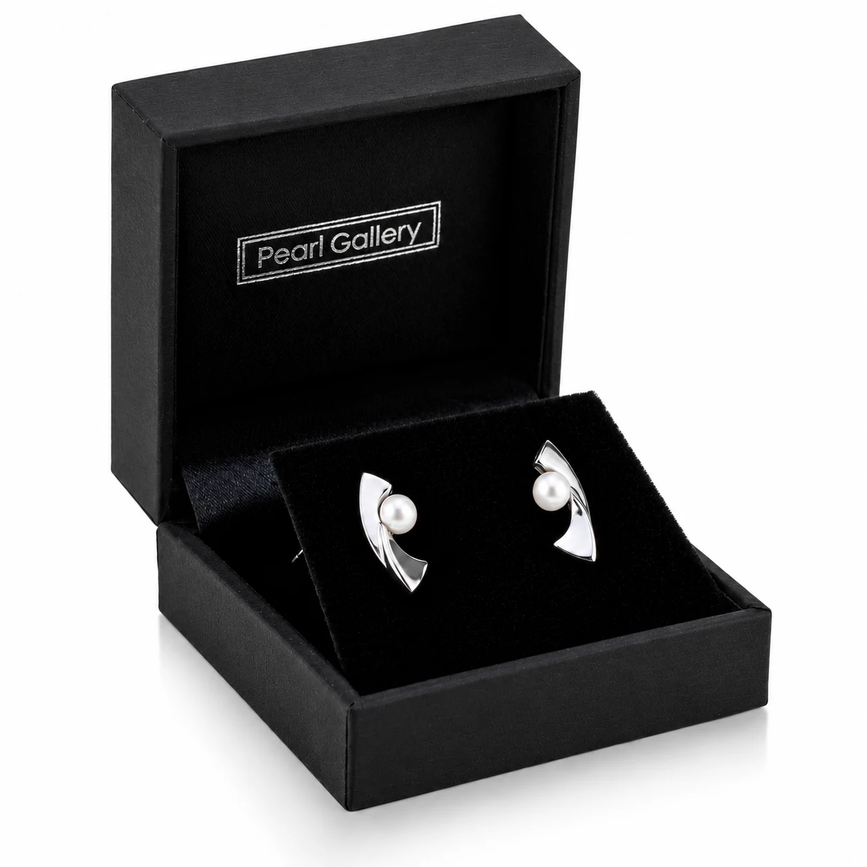 Freshwater Cultured Pearl Contemporary Curved Stud Earrings  |  Silver 