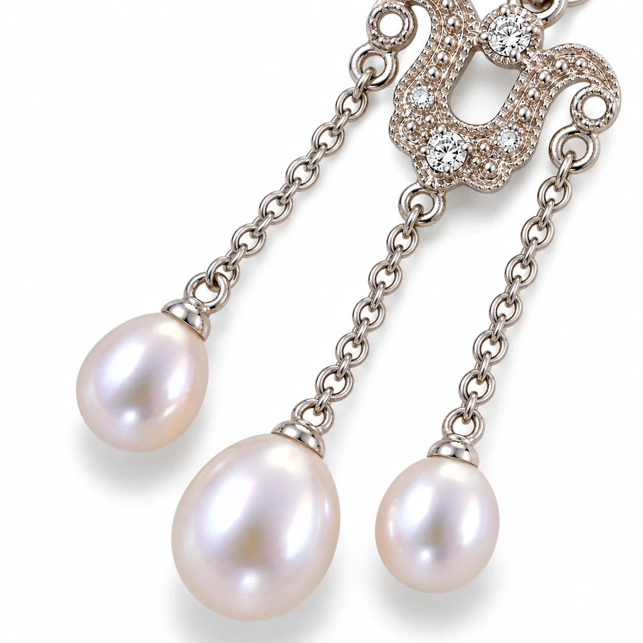 Freshwater Pearl & Diamond Triple Drop Antique Style Earrings  |  9ct White Gold