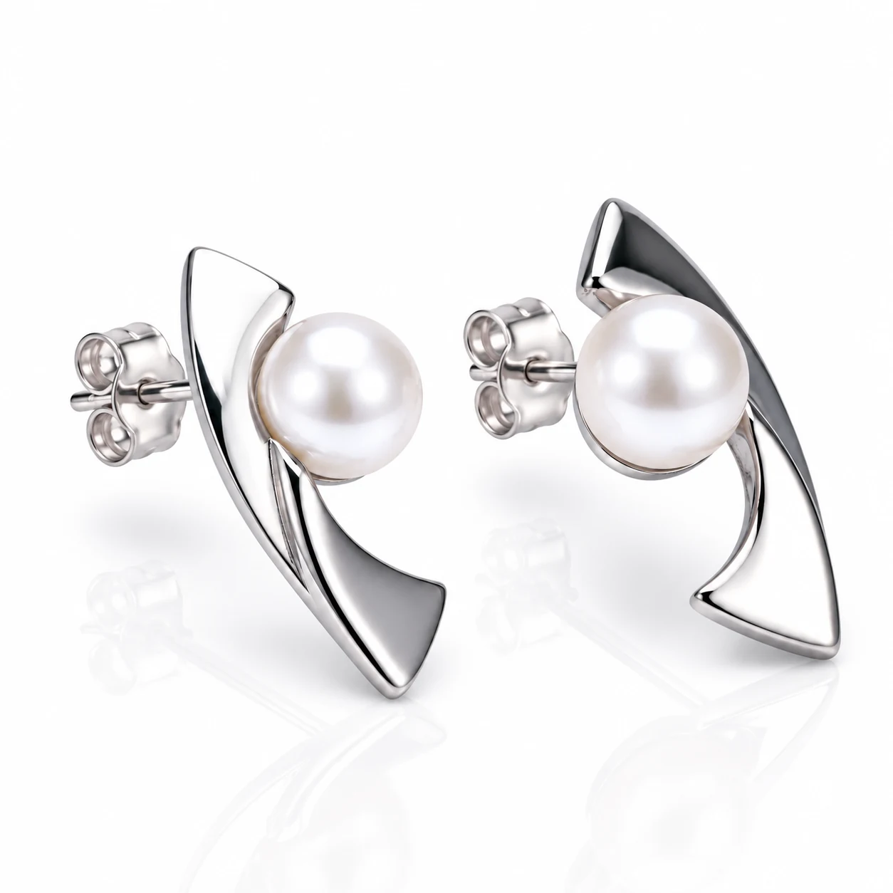 Freshwater Cultured Pearl Contemporary Curved Stud Earrings  |  Silver 