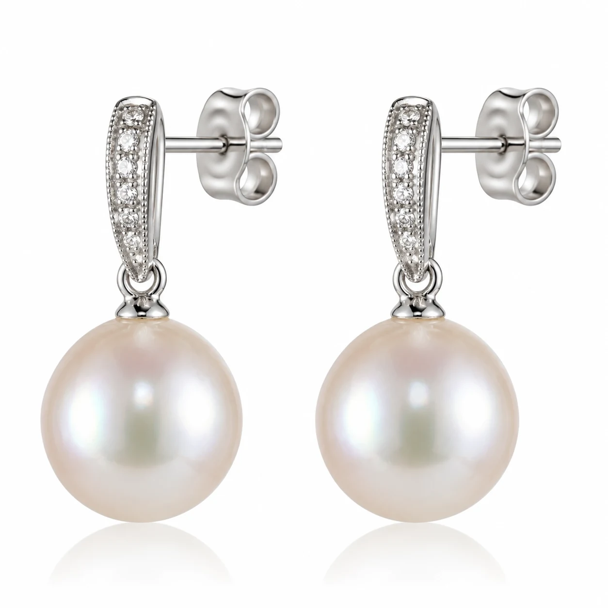 Dainty Vintage Style Freshwater Pearl & Diamond Earrings  |  18ct White Gold