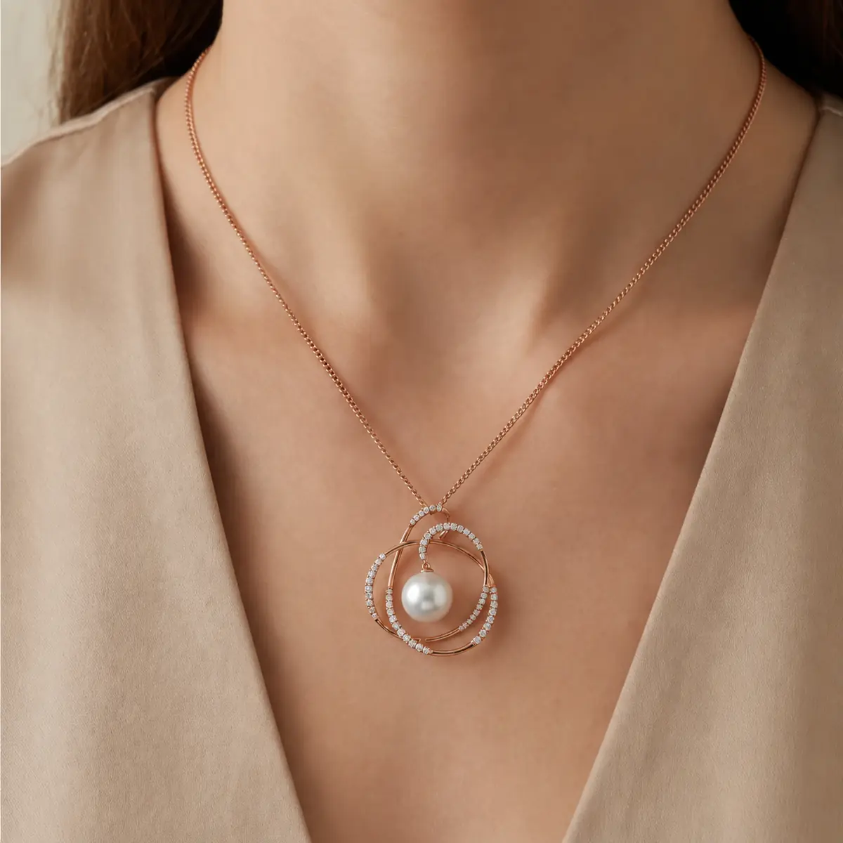 South Sea Pearl & Diamond Swirling Design Pendant  |  18ct Rose Gold
