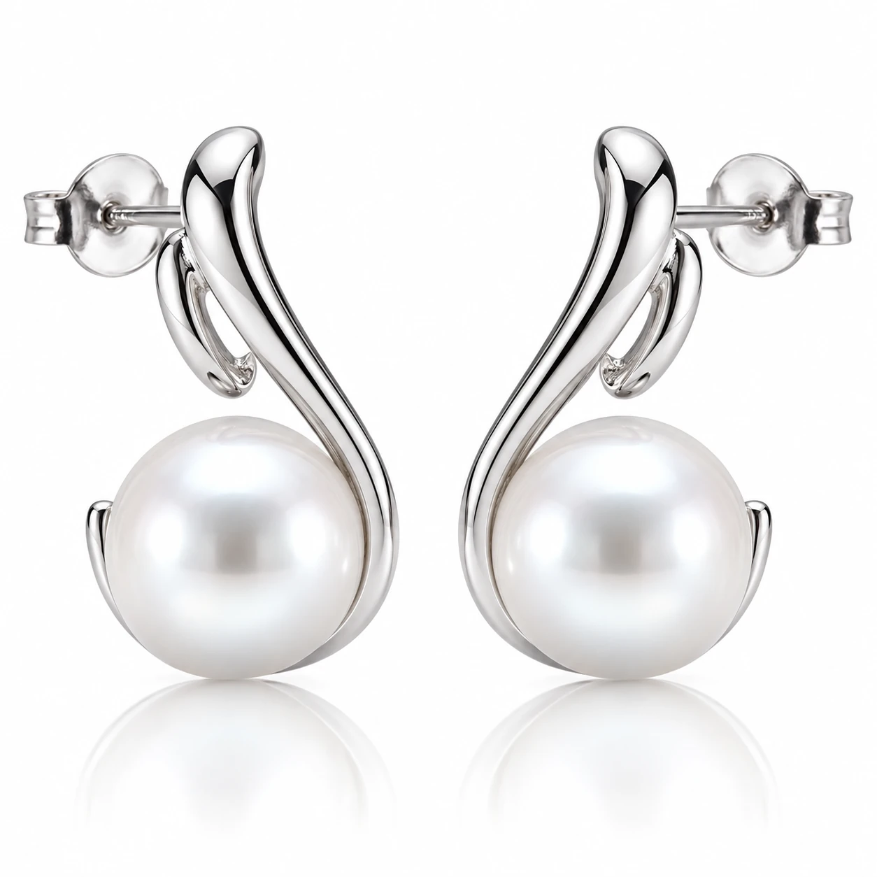 Freshwater Pearl Contemporary Scroll Design Earrings  |  9ct White Gold