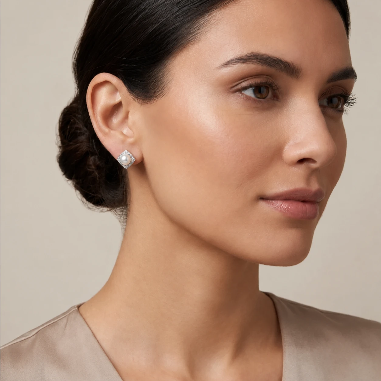 Akoya Pearl & Diamond Vintage Style Geometric Stud Earrings  |  18ct White Gold