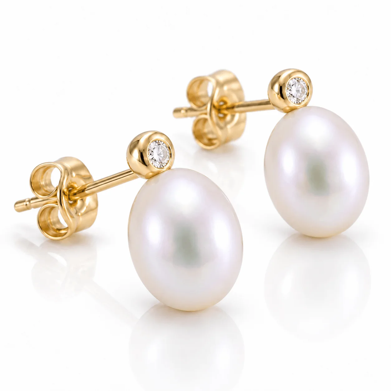 Freshwater Semi-baroque Pearl & Diamond Stud Earrings  |  9ct Yellow Gold