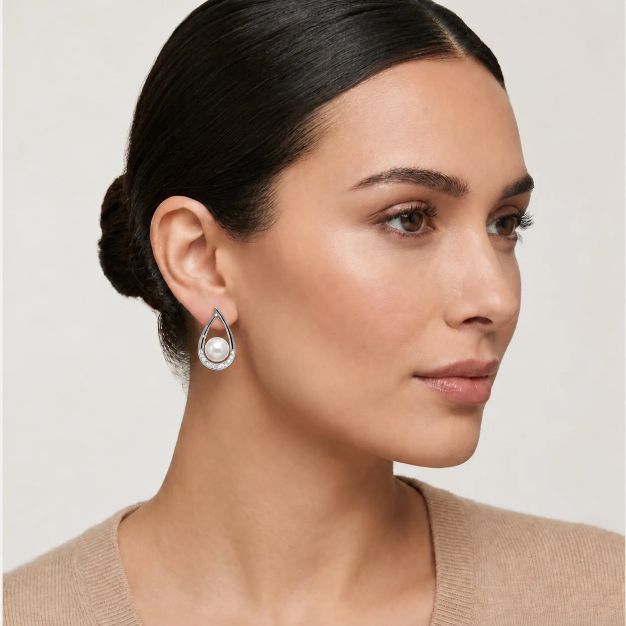Freshwater Pearl & Diamond 'Sling' Design Earrings  |  14ct White Gold