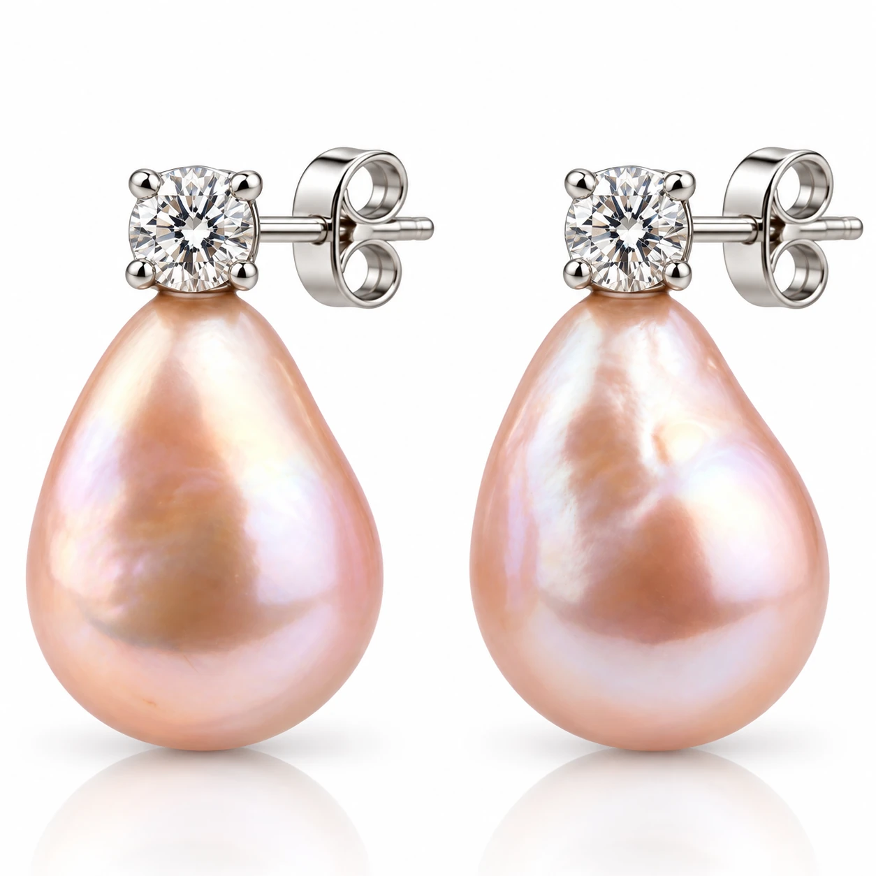 Pair of 18ct white gold baroque freshwater cultured pearl and diamond earrings, with pink pear-shaped pearls, displayed on white.