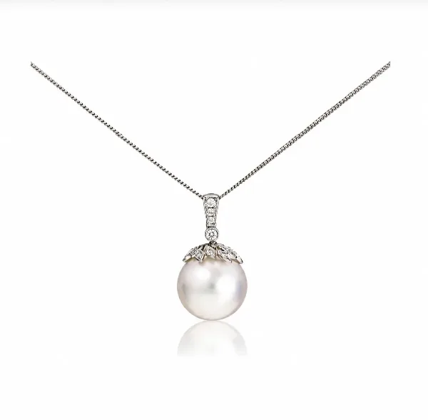 South Sea Pearl & Diamond Leaf Motif Design Pendant  |  18ct White Gold