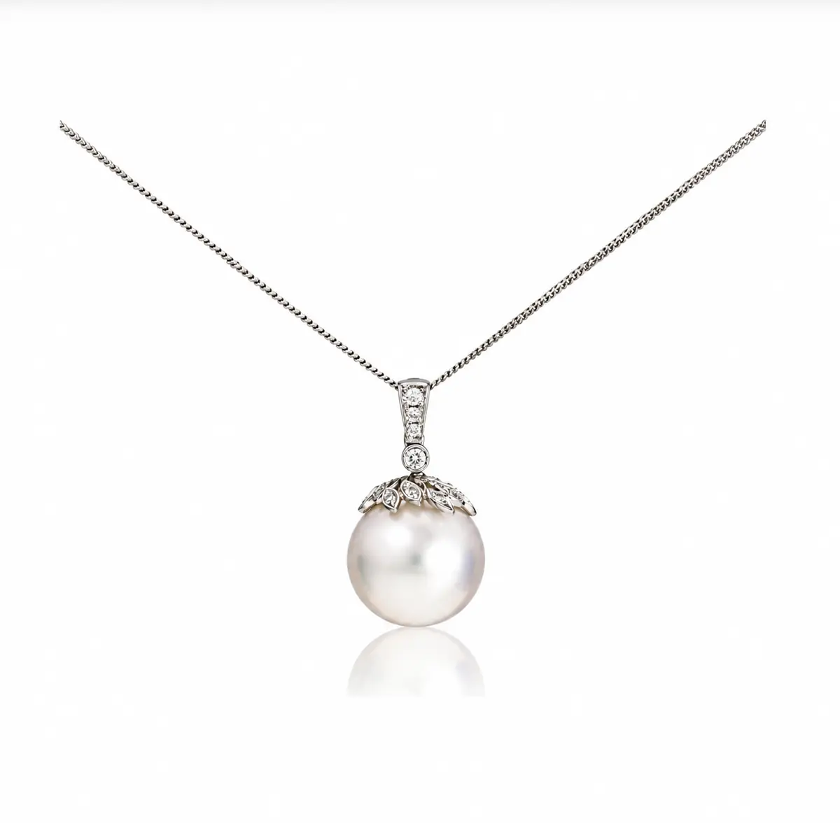 South Sea Pearl & Diamond Leaf Motif Design Pendant  |  18ct White Gold