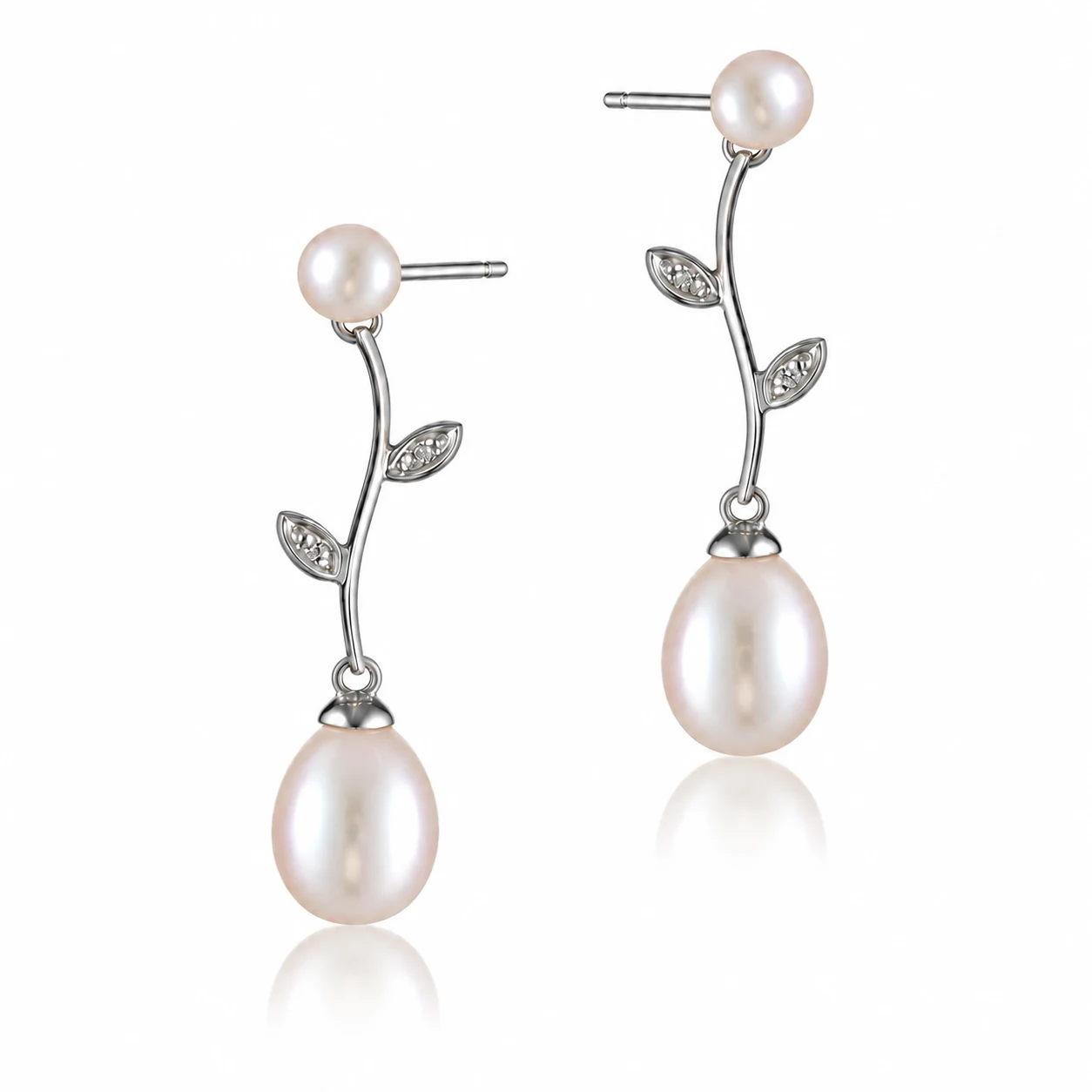 Freshwater Pearl Foliate Drop Earrings  |  9ct Gold