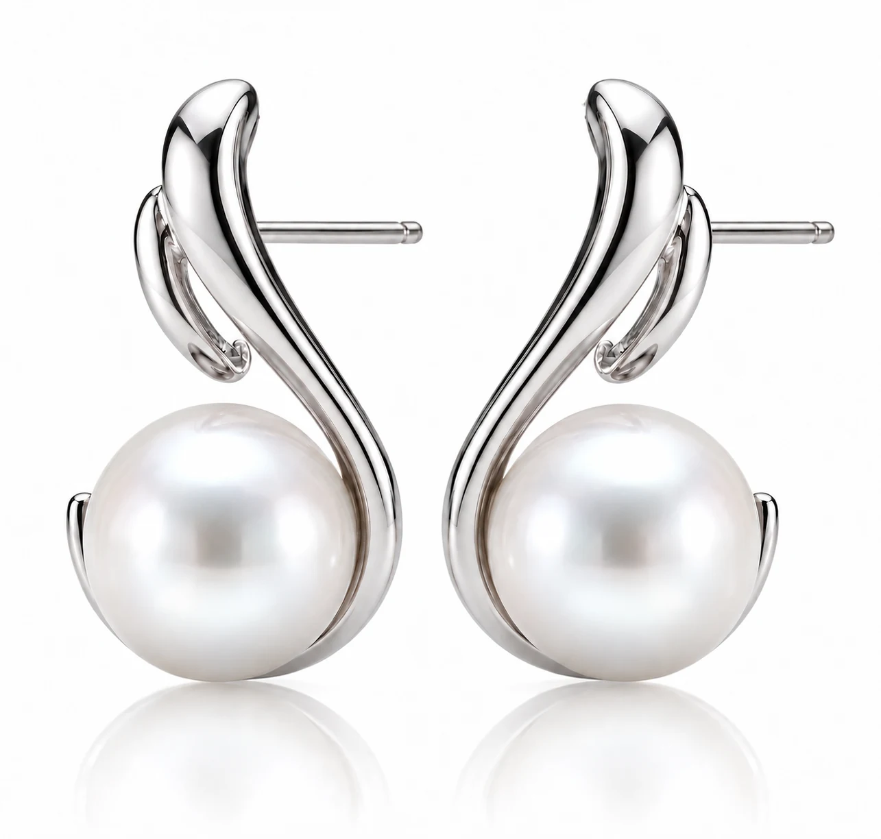 Freshwater Pearl Contemporary Scroll Design Earrings  |  9ct White Gold