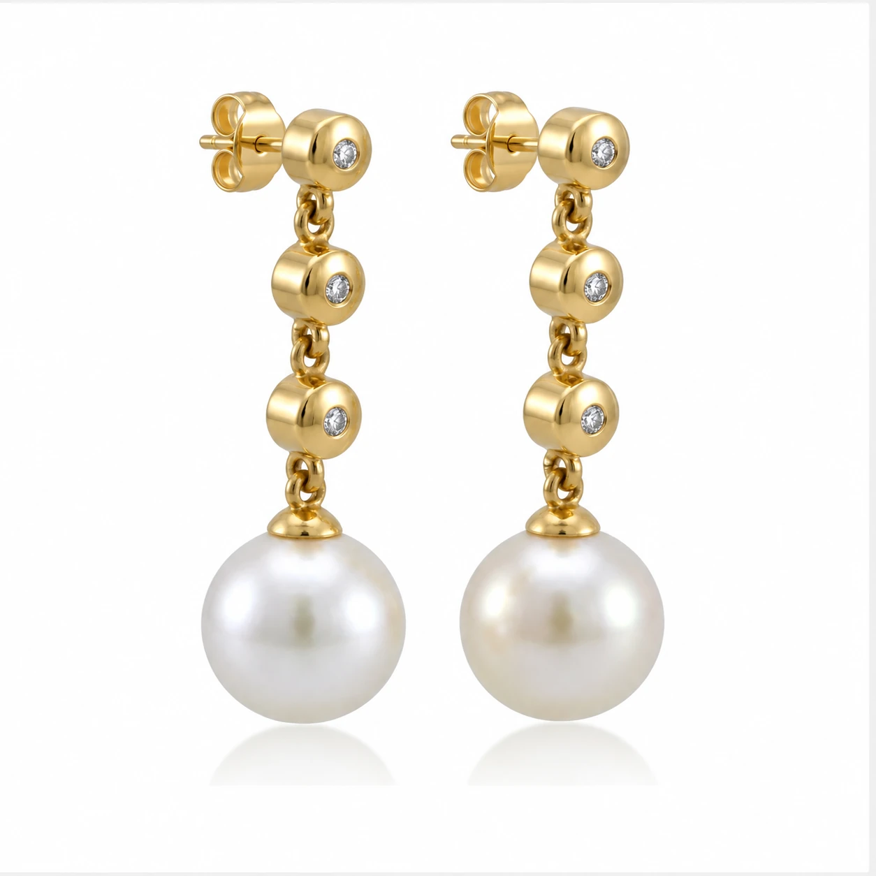 Akoya Pearl & Diamond Triple Collet  Drop Earrings  |  18ct Yellow Gold